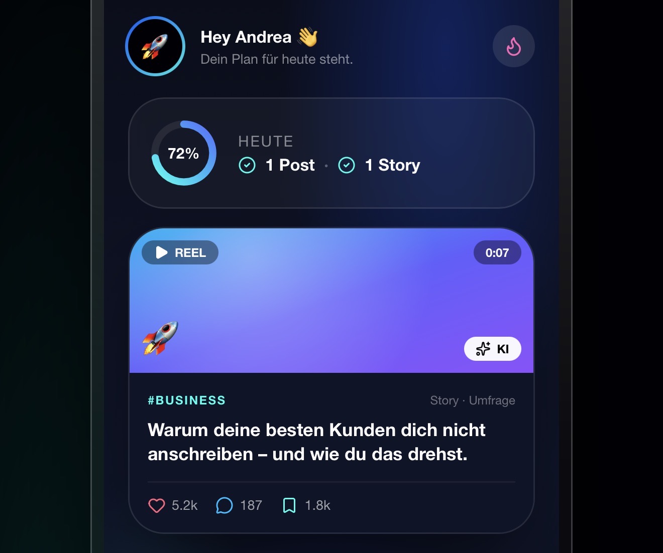 Screenshot der Anleo Media App: Tagesübersicht mit 72 % Fortschritt, 1 Post, 1 Story und einem KI-Reel-Vorschlag zum Thema Kundenansprache im dunklen Premium-Design