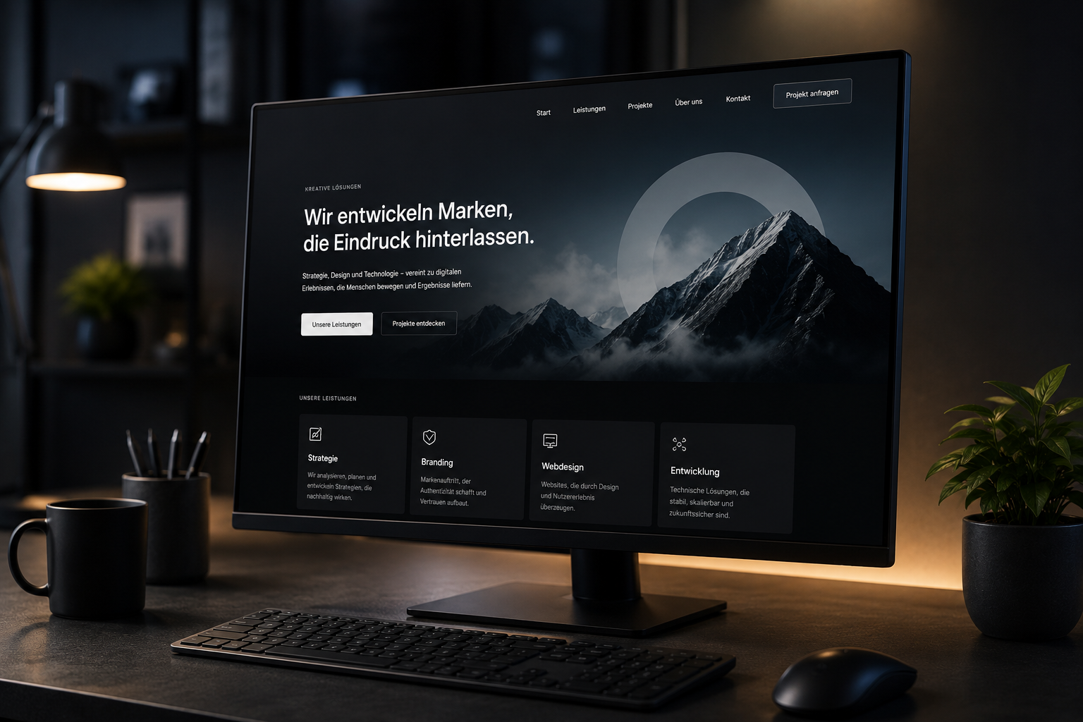 Laptop mit Premium Webdesign Mockup auf einem modernen Schreibtisch