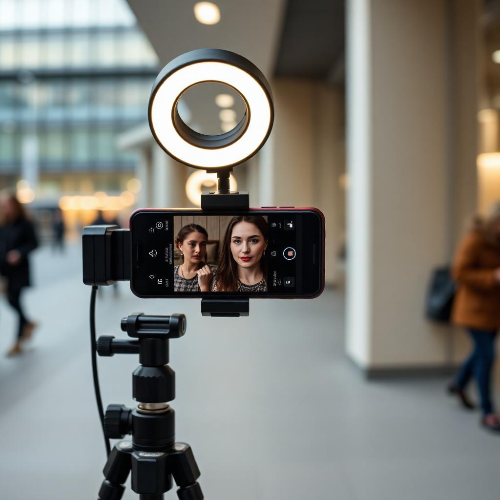 Münchner Content Creator filmt mit Smartphone und Ringlicht für eine lokale Influencer-Kooperation