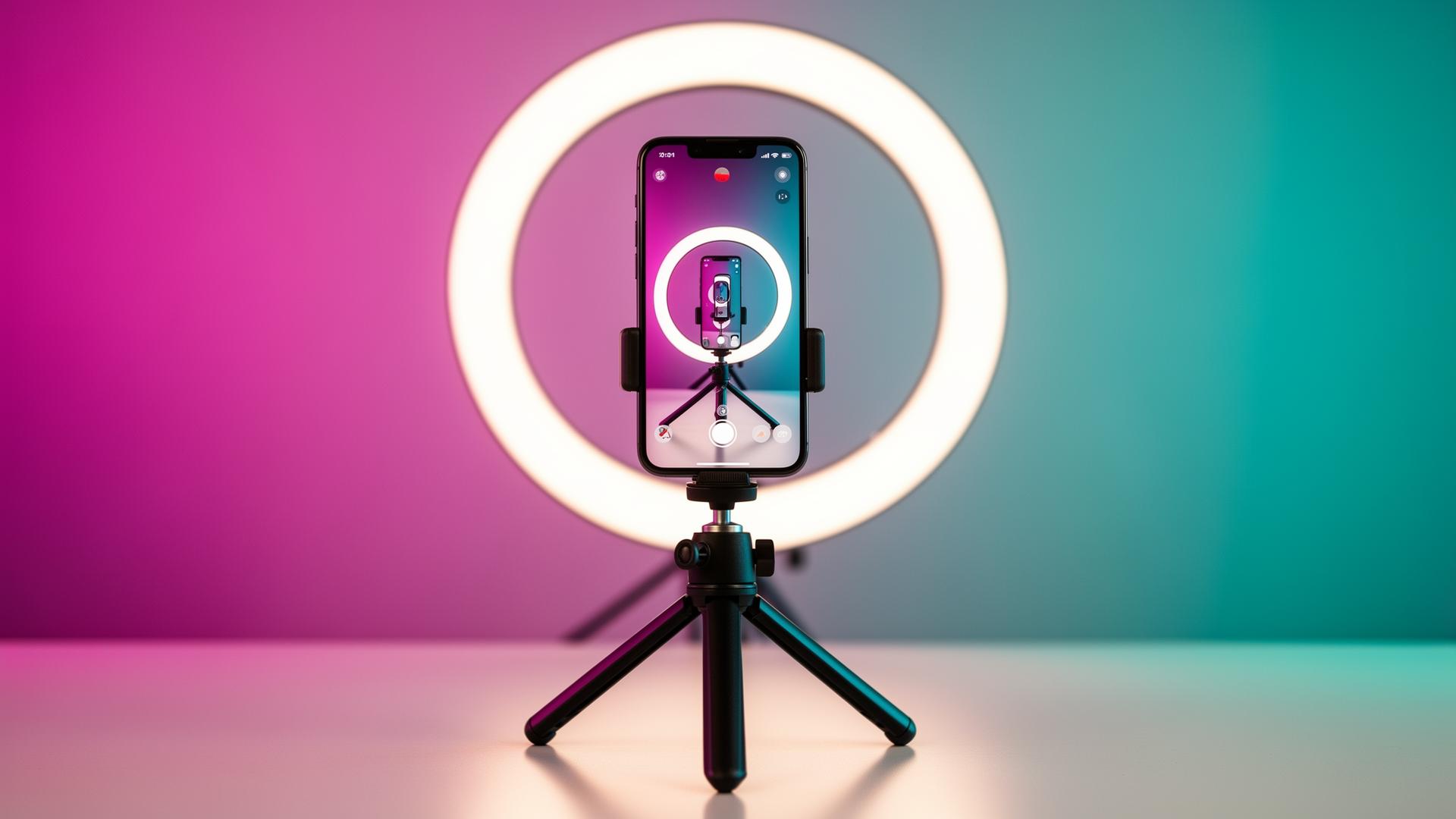 Smartphone auf Stativ mit Ringlicht für die Produktion von Instagram Reels